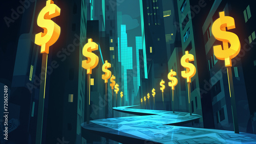 an animated road that is filled with dollar signs