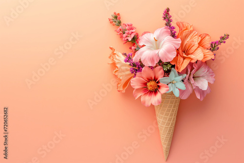 Assorted Pastel Flowers Arranged in Ice Cream Cone on Peach Background