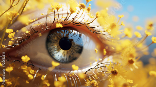 Conceptual Image of a Human Eye Surrounded by Yellow Flowers. Pollen allergy concept photo