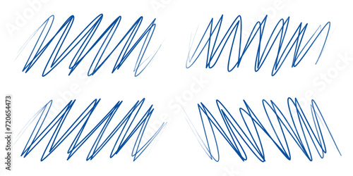 Quadro su tela Set of hand drawn grunge style dark blue vintage ball pen cross out mark scribbles on white paper background