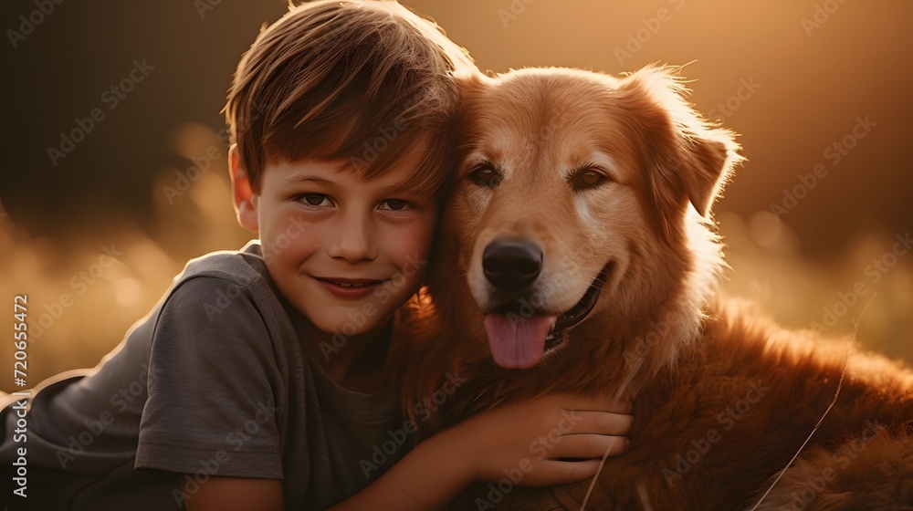 a smiling kids with beautiful dog in blur background
