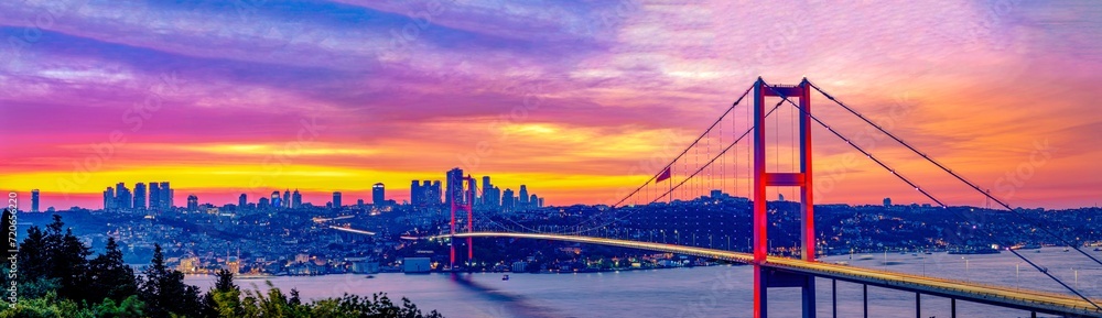 Fototapeta premium Istanbul Bosphorus panoramic photo. Istanbul landscape beautiful sunset with clouds Ortakoy Mosque, Bosphorus Bridge, Fatih Sultan Mehmet Bridge Istanbul Turkey.Best touristic destination of Istanbul