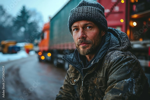 Generative AI illustration of focused truck driver in winter attire stands before a fleet of trucks on a snowy day photo