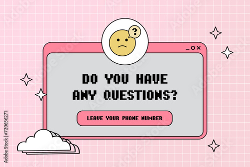 Do you have any questions - popup window. Emoticon sad icon. Retro computer aesthetic. Computer screen 90s, 2000s vector illustration.