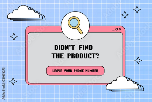 Popup window. Did not find 
the product. Magnifying glass icon. Retro computer aesthetic. Computer screen 90s, 2000s vector illustration. 