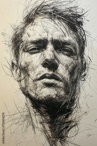 Expressive charcoal drawing of a man's complex gaze Generative AI image
