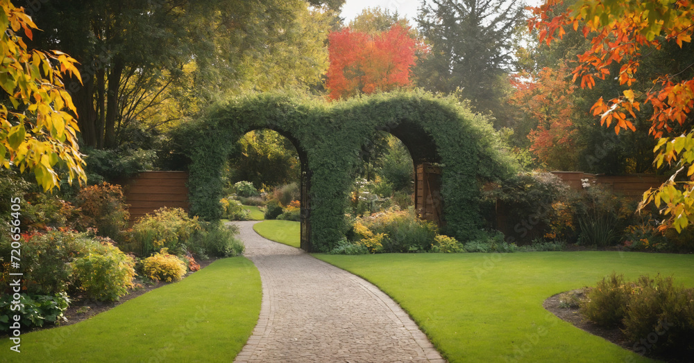 Fototapeta premium A picturesque fall backyard scene featuring a wooden archway, vibrant autumn foliage, and a well-manicured garden pathway, creating a serene and colorful landscape.