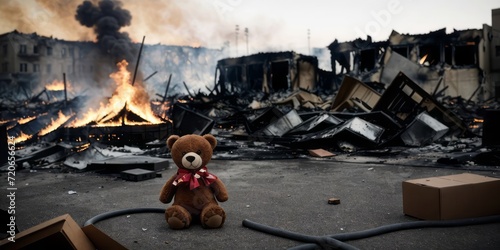 A solitary teddy bear sits in the foreground, untouched by the massive destruction of a fire raging in the background. 