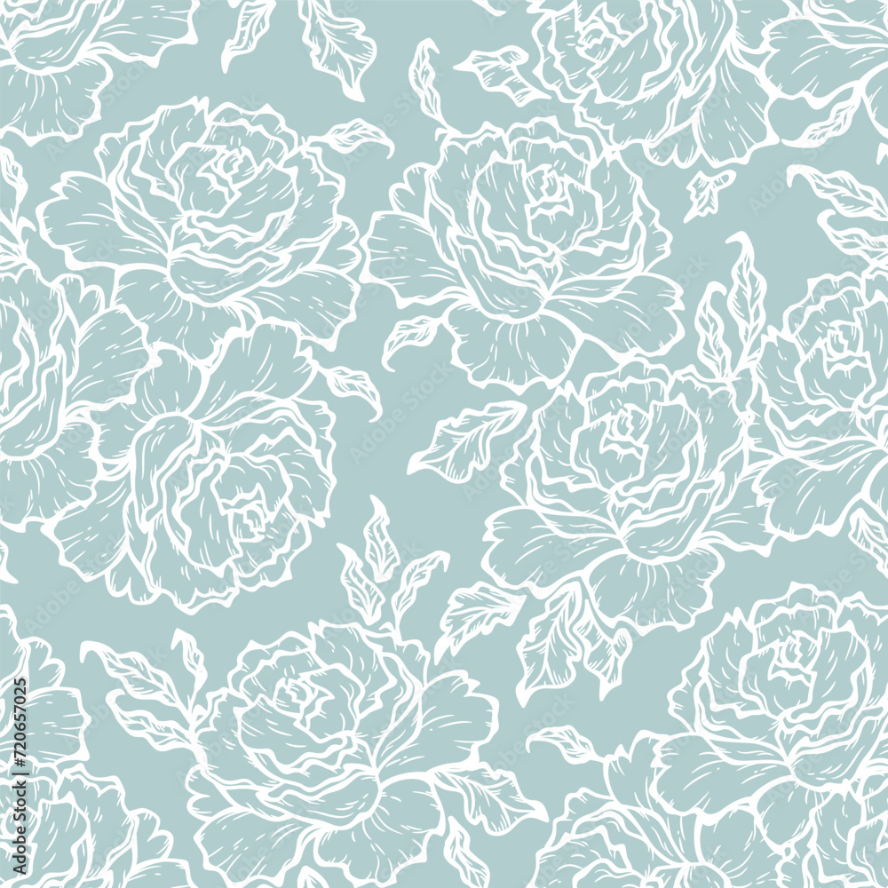 Vector Rose Flower Seamless Pattern. Flowers and Leaves. Beautiful Bouquet of Summer garden flowers. Floral Light Blue Background. Plants Wallpaper.