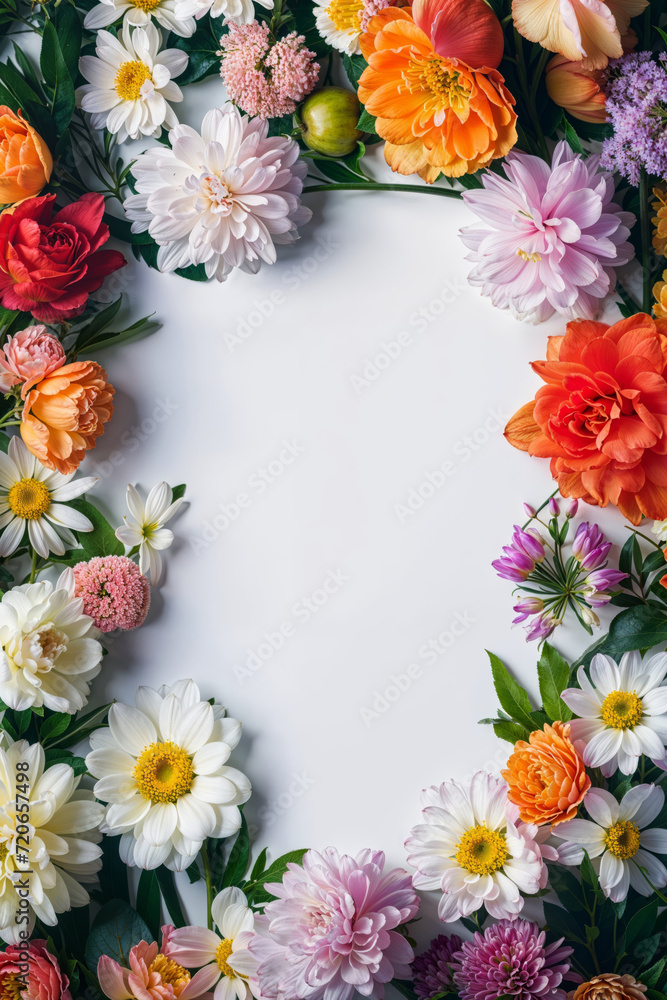 Floral border with space for text on white background. Generative AI image Floral border with space for text on white background. Generative AI image