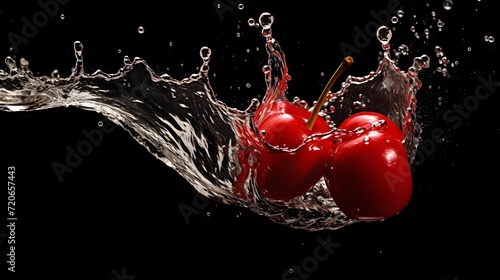 cherry thrown into the water on black background