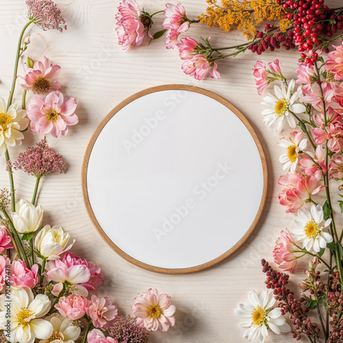 Floral frame with round blank space for design. Generative AI image photo