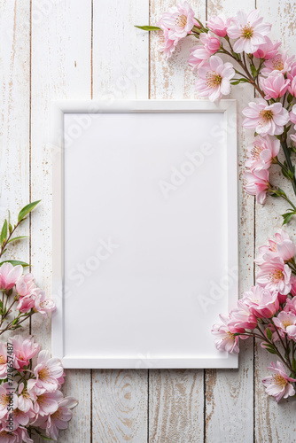 Blank Picture Frame with Pink Flowers on Wooden Background. Generative AI image photo
