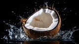 coconut thrown into the water on black background