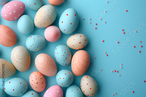 cute colorful 3D eggs in blue background with copy space, blank space, message, wishes, greetings, minimalist, cute, Easter bunny, Easter eggs