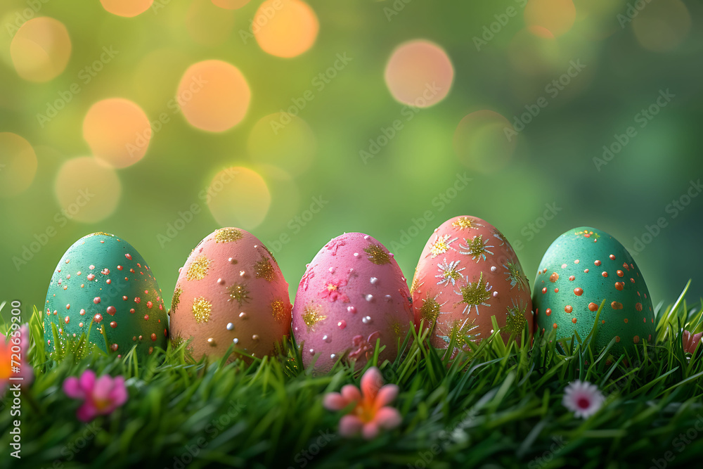 colorful 3D Easter eggs on grass, bright background, backdrop, copy space for text, message, wishes, greetings, minimalist, Easter day, Easter bunny