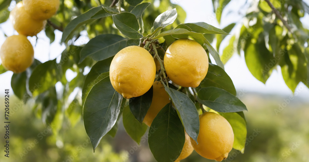 Two golden lemons hanging from a lush, sunlit tree branch, capturing the essence of Mediterranean summer with vibrant colors and organic freshness.