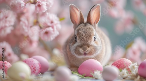 A serene rabbit nestled among pink Easter eggs and blooming flowers  presenting a tranquil and idyllic spring scene.