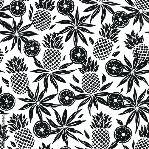 Pineapples Seamless Black White Pattern. Floral Summer Background with Pineapple Tropical Fruit  Slices and Leaves. Vector Illustration.
