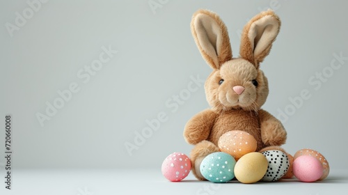 An adorable plush bunny with a collection of pastel Easter eggs, capturing the essence of Easter festivities and childhood joy.