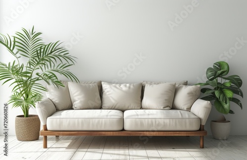 couch and plant in white and brown sitting room