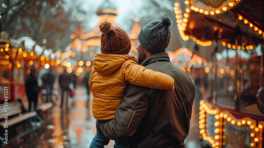Obraz premium Dad and his son go to the park attraction