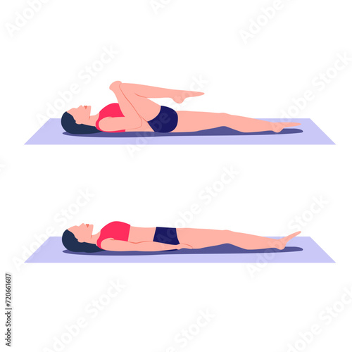 Single knee to chest exercise. Stretch out and relieve tension in lower back, hamstrings, and gluteus. Bring one knee up towards chest from lying on back position, lower back pain appeasement. Girl.