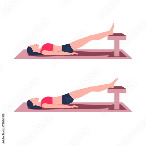 Pelvic lift feet on bench exercise educational scheme infographic. Woman makes hip thrust for strength gluteal and hamstrings muscles. Lower back pain relief workout. Vector illustration.