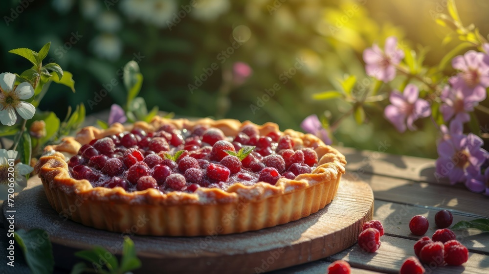 Fresh berry pie on a wooden table in a wide summer garden Fresh berry pie on a wooden table in a wide summer garden