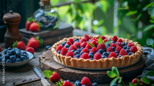 Fresh berry pie on a wooden table in a wide summer garden