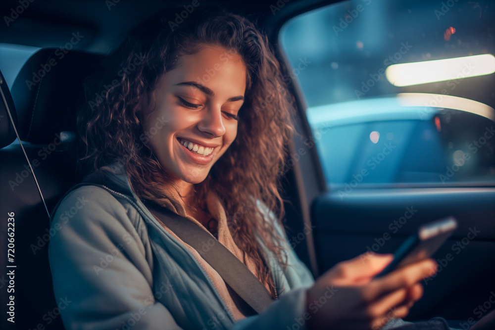 Night Rider's Digital Glow: A young woman beams at her phone in the back of a car, bathed in the warm glow of the screen against a cool, urban night. Night Rider's Digital Glow: A young woman beams at her phone in the back of a car, bathed in the warm glow of the screen against a cool, urban night.