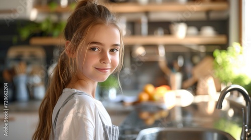 Girl 12 years old washes dishes in a bright modern kitchen