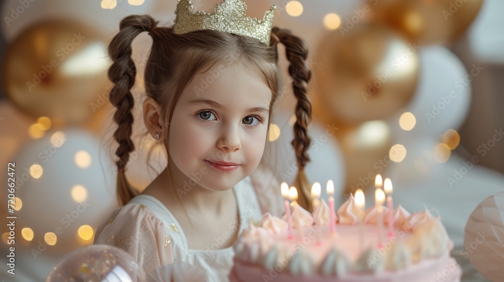 girl in princess crown with two pigtails sits near a large pink cake with 5 candles girl in princess crown with two pigtails sits near a large pink cake with 5 candles