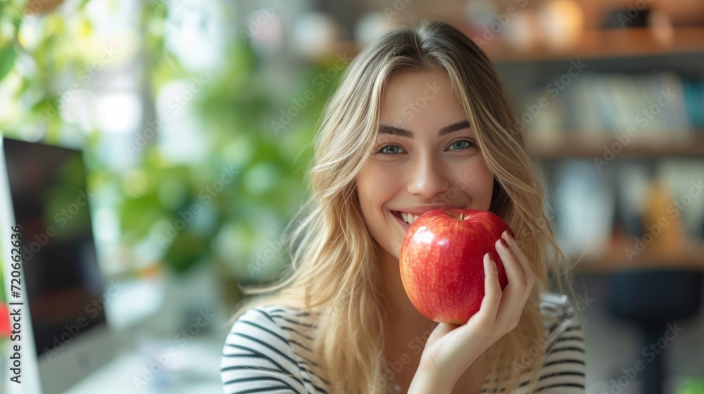 Happy woman eating big red apple sitting at computer in office Happy woman eating big red apple sitting at computer in office