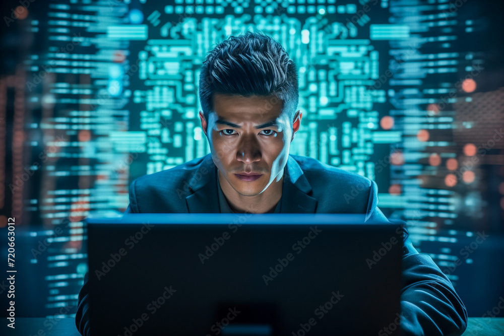 Businessman successfully working on a laptop in a digital office environment, surrounded by technology and network Businessman successfully working on a laptop in a digital office environment, surrounded by technology and network