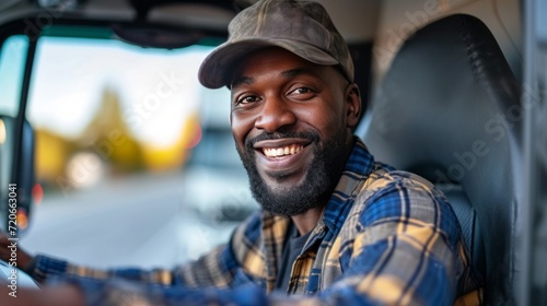Joyful African American Driver Exiting Truck and Facing Camera