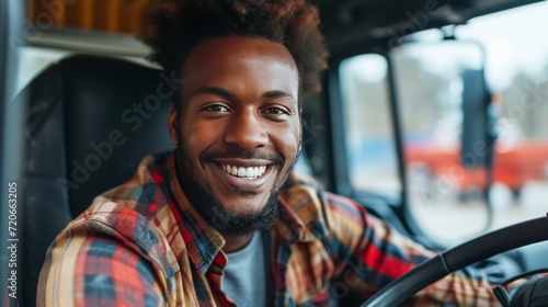 Joyful African American Driver Exiting Truck and Facing Camera © ArtCookStudio