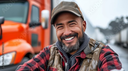 Joyful Truck Driver Taking a Break, Checking Phone © ArtCookStudio