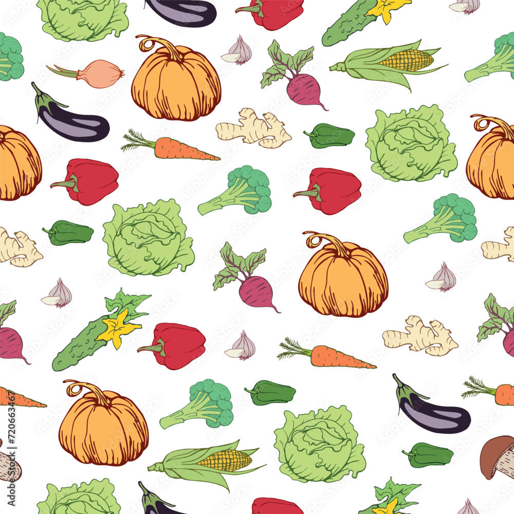 Seamless texture with colorful vegetables. Design of packaging, wrapping paper. Vector illustration Seamless texture with colorful vegetables. Design of packaging, wrapping paper. Vector illustration