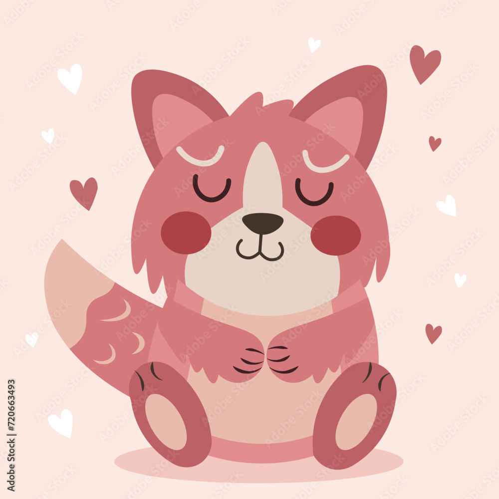 Scandinavian-style, love-struck fox in pink, with closed eyes, furry and surrounded by several hearts—an adorable character suitable for children's stories. Vector illustration Scandinavian-style, love-struck fox in pink, with closed eyes, furry and surrounded by several hearts—an adorable character suitable for children's stories. Vector illustration