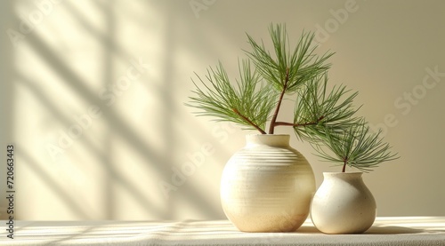 oil and pine leaves in white vase