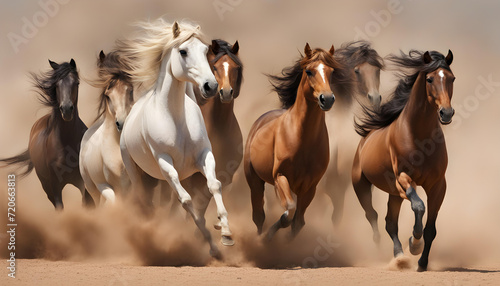 Horses with long mane portrait run gallop in desert dust © iqra