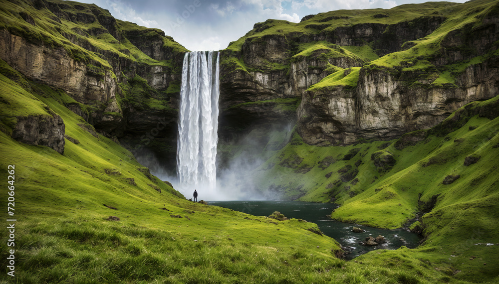 Scenic view of a hiker contemplating waterfall during vacation in iceland. Travel and adventure concept Scenic view of a hiker contemplating waterfall during vacation in iceland. Travel and adventure concept