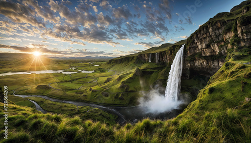 Beautiful Scenic view of waterfall in iceland at sunset. Travel and adventure concept
