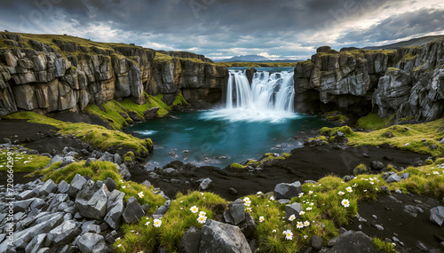 Beautiful Scenic view of waterfall in iceland at sunset. Travel and adventure concept