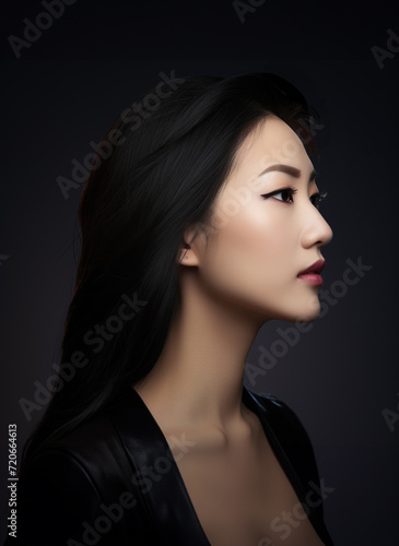 Portrait of beautiful Asian woman face side view black shirt dark background
