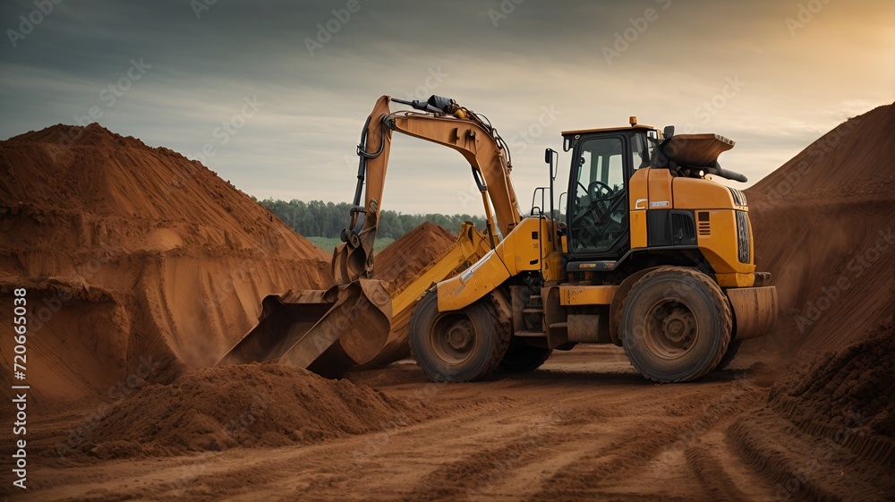 Obraz premium Wheel loader excavator with backhoe unloading clay. Generative AI