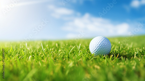 golf ball on tee green grass and blue sky background