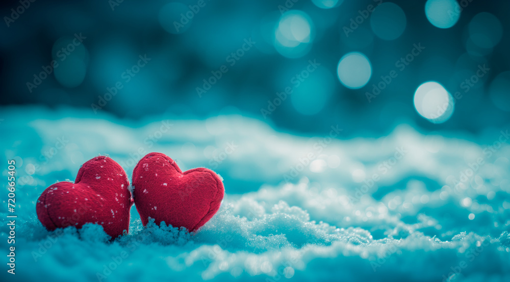 Obraz premium Poster or banner of two hearts sitting on the snow covered ground under light. Vibe of Valentine day and romantic