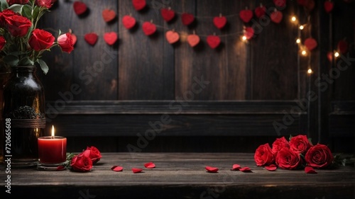Love and Valentine's day concept made from red rose on black wooden background. Top view with copy space, flat lay